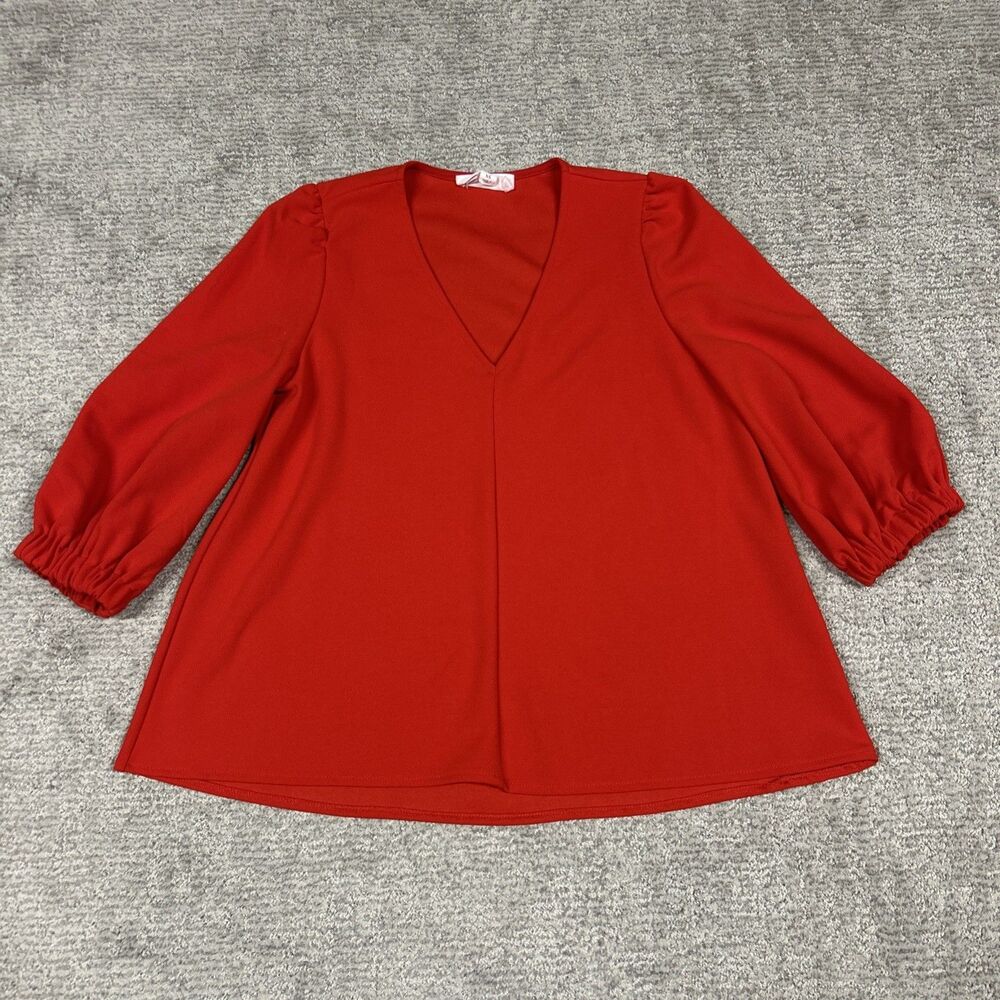 Pomander Place Top Womens XS Tuckernuck Hollis Red V Neck Puff 3/4 Sleeve Shirt